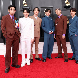 V, Suga, Jin, Jung Kook, RM, Jimin and J-Hope of BTS at the 64th annual Grammy Awards at MGM Grand Garden Arena on April 3, 2022 in Las Vegas, Nevada. 